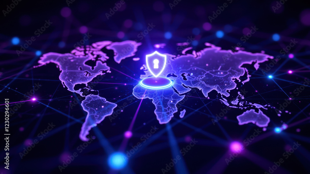 Poster a digital image featuring a shield on top of a stylized globe with neon-like connections suggesting 