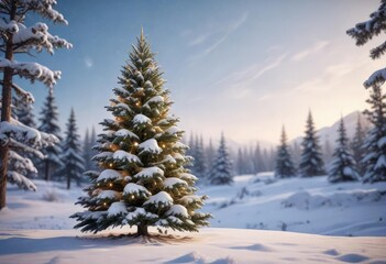 Naklejka premium Snow-covered outdoor Christmas tree in a winter wonderland scene, wintry tranquility, frozen beauty
