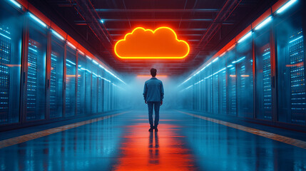 Cloud in a server room symbolizes cloud migration and digital transformation with minimalistic design and bright tone modern blurred empty space for caption

