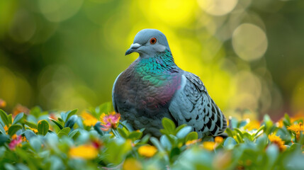 Obraz premium close up of European turtle dove perched among colorful flowers, showcasing its vibrant plumage and serene expression