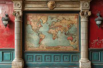 Antique World Map Displayed Between Classical Columns