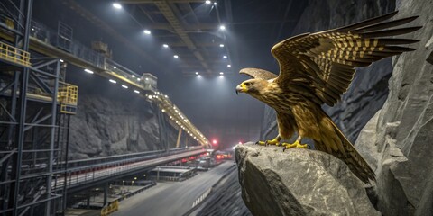 Fototapeta premium Majestic eagle perched on rock in a vast underground mining facility showcasing industrial might