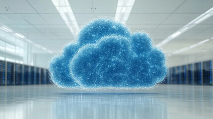 Cloud in a server room symbolizes cloud migration and digital transformation minimalistic bright tone modern blurred empty blank caption space on the side
