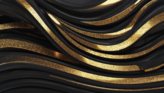  Black and gold abstract texture with fluid metallic reflections, luxurious and elegant