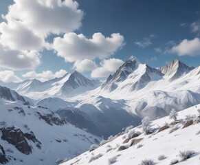 Snowy mountains with clouds covered in white snowflakes, frosty mountain landscape, serene mountain scenery, cold climate picture