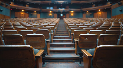 Fototapeta premium Rows of empty cinema seats in spacious theater create serene atmosphere, inviting reflection and anticipation for future shows