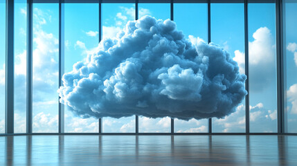 Cloud in a server room symbolizes cloud migration and digital transformation minimalistic bright tone modern blurred empty blank caption space on the side
