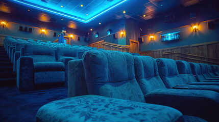 Fototapeta premium Spacious cinema with empty blue seats and ambient lighting creating serene atmosphere