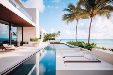 Fototapeta premium Elegant white hotel featuring a refreshing swimming pool.