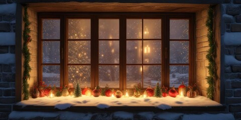 Snowy windowpane with festive decorations and a warm glow, festive decorations, holly and berries, candles
