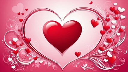 A large red heart is nestled among smaller hearts and delicate pink and white floral swirls, creating a romantic Valentine's Day scene.