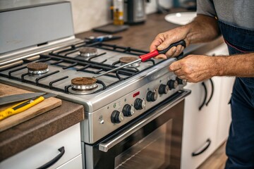 man fixing kitchen stove, close-up. Image created with AI.
