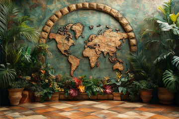 Fototapeta premium World Map Mural Surrounded By Lush Tropical Plants