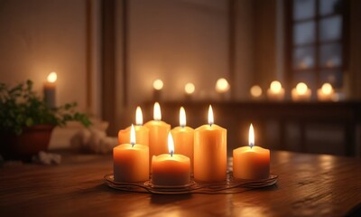Soft candlelight ambiance with gentle flames in a serene environment, gentle heat, warmth