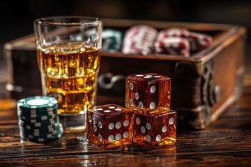 Gaming with dice and chips in a cozy setting featuring whiskey and wooden decor at a late night gathering