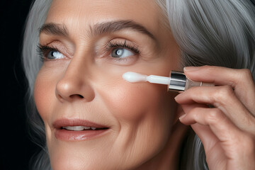 Obraz premium Beautiful elderly woman applying white serum to her face with dropper. Senior woman facial skincare routine, anti age lifting treatment concept