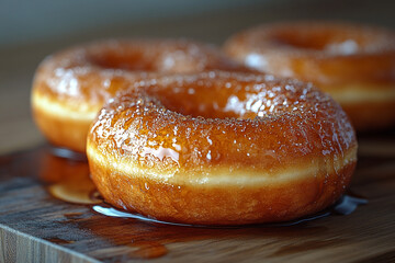 Three Honey Glazed Donuts On Wooden Board