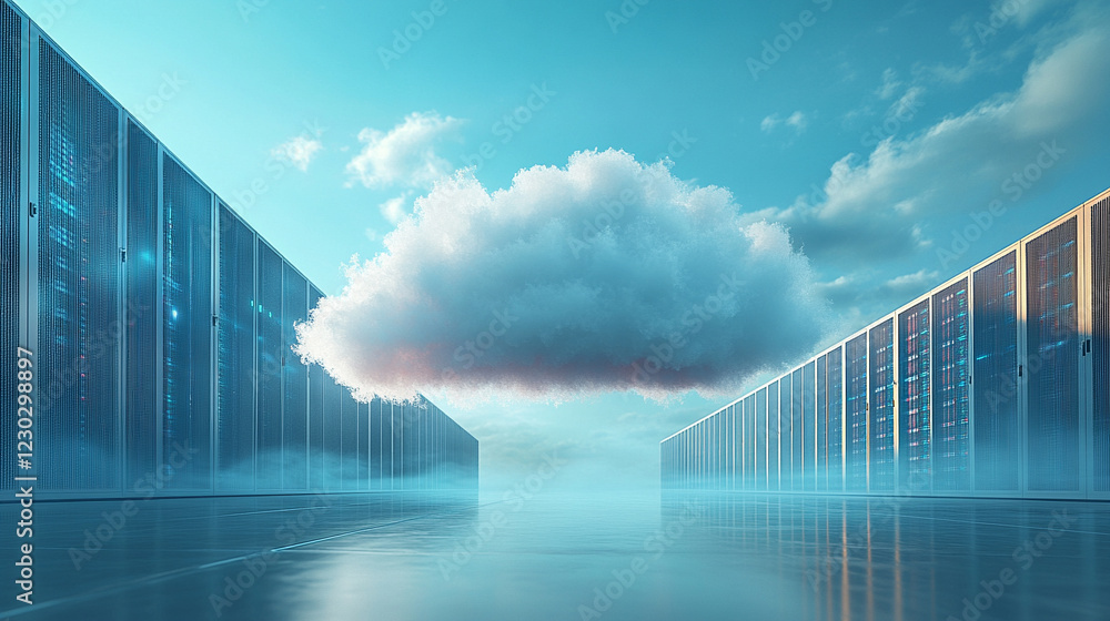 Poster cloud in a server room symbolizes cloud migration and digital transformation minimalistic bright ton