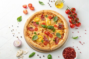 Top view italian pizza, close up, white background