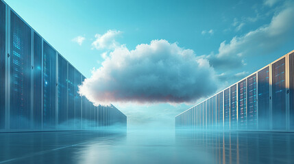 Cloud in a server room symbolizes cloud migration and digital transformation minimalistic bright tone modern blurred empty blank caption space on the side
