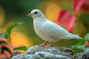 White Dove Perched on a Rock in a Garden