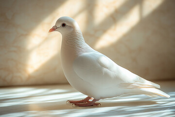 A pristine white dove basks in sunlight indoors