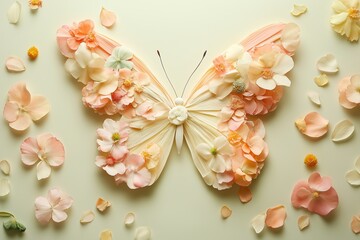 A butterfly made of flowers and petals in soft pastel tones