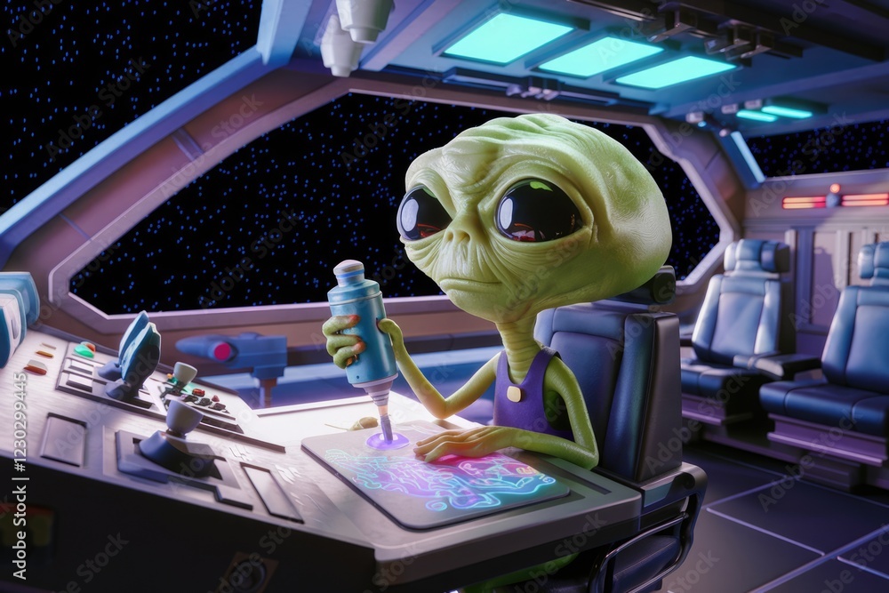 Poster a cute alien operates a futuristic spaceship console, navigating through the cosmos.
