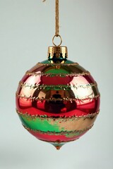 Vintage-inspired mercury glass ball ornament adorned with red and green metallic stripes, hanging from a wooden dowel, shine, decoration