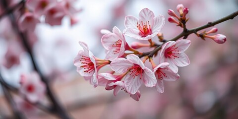 Fototapeta premium Soft pink and red cherry blossoms unfolding from a branch, tree, petals