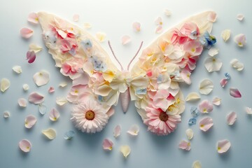 Fototapeta premium A butterfly made of flowers and petals in soft pastel tones