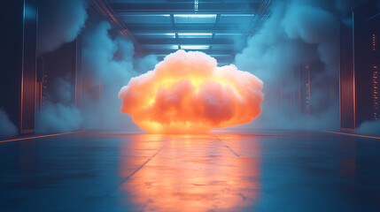 Cloud in a server room symbolizes cloud migration and digital transformation minimalistic bright tone modern blurred empty blank caption space on the side
