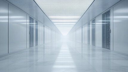 Cloud in a server room symbolizes cloud migration and digital transformation minimalistic bright tone modern blurred empty blank caption space on the side
