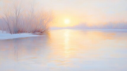 Twilight River Serenity, a serene brush painting depicting golden sunlight glimmering on a peaceful river, evoking a sense of calm and tranquility at dusk.