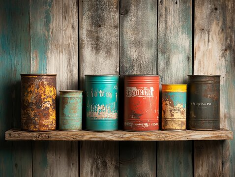 Vintage tin cans displayed on a wooden shelf against a rustic background, showcasing charming retro designs.