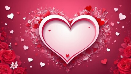 Lovely pink and red heart design surrounded by red roses and smaller hearts, perfect for Valentine's Day.