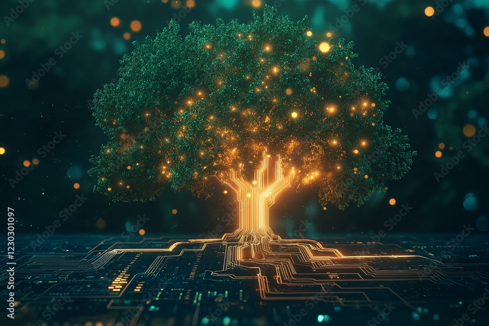 Poster A circuit board morphing into a digital tree