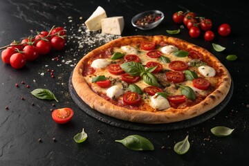 italian pizza, close-up, black background