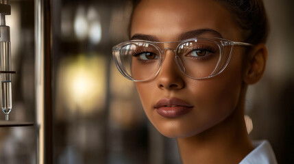 Close-up portrait of a confident young female scientist wearing safety glasses in a laboratory, celebrating International Day of Women and Girls in Science, promoting STEM education and research.