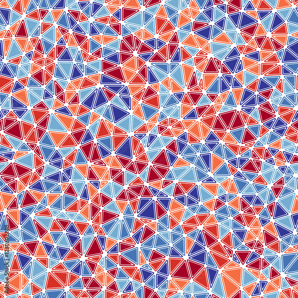 Poster tileable abstract background. rounded solid shapes in frames. small triangles size. multiple colors 