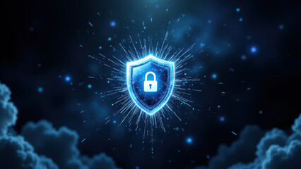 A digital graphic with a lock symbol in center surrounded by sparkling stars against a dark background, emphasizing internet security.