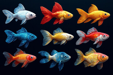 Fototapeta premium Twelve Colorful Fish Swimming in Dark Water