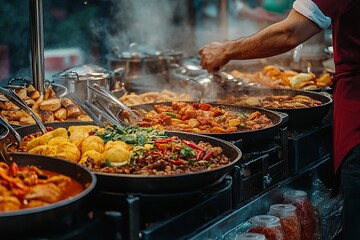 Steaming hot food at a street food stall.