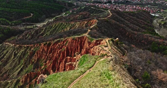 Follow Along Mountain Ridge Path Rotate Left Aerial Drone Stob Pyramids Bulgaria Rila