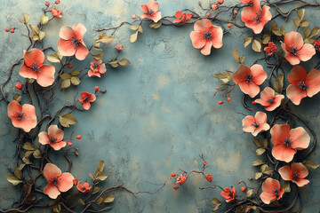Delicate Coral Flowers Frame a Rustic Blue Background
