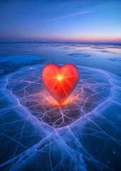 Fototapeta premium A single, glowing red heart is embedded beneath the surface of a frozen lake, poster