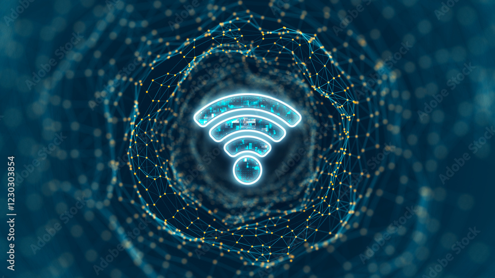 Poster blue digital wifi logo and tunnel line connection with wireless fidelity connection concepts on abst