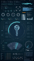 Blue digital security key with head up display (HUD UI) and circuit panel futuristic abstract background network firewall technology and data secure vertical