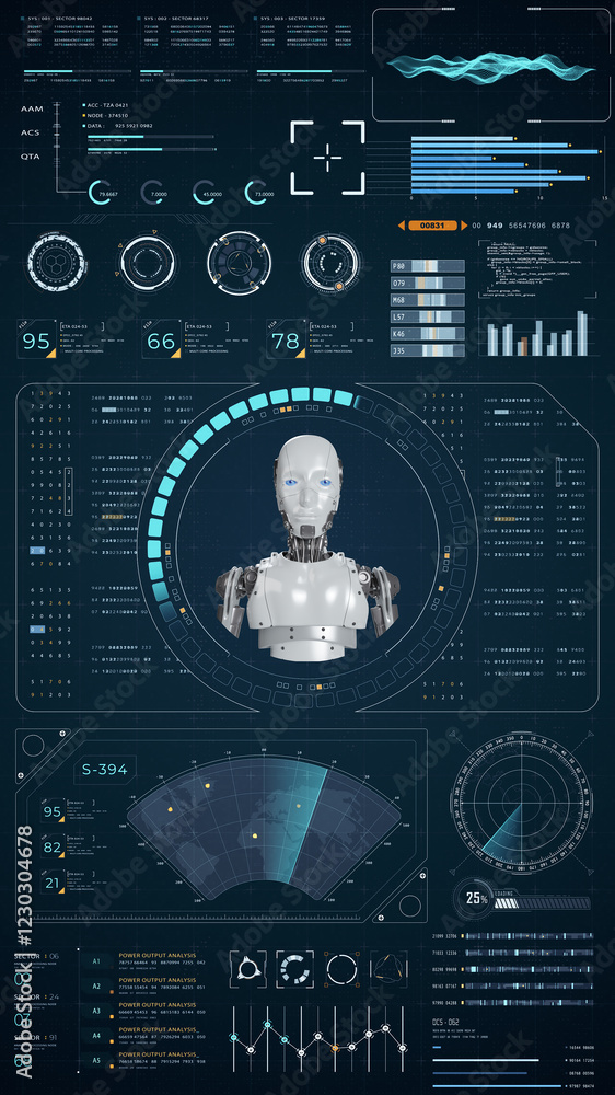 Poster blue digital robot head with head up display (hud ui) and futuristic technology abstract background 