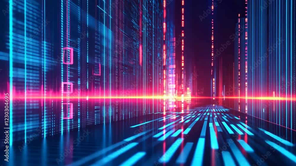 Poster futuristic data stream with glowing blue neon light and vibrant digital patterns in a virtual enviro